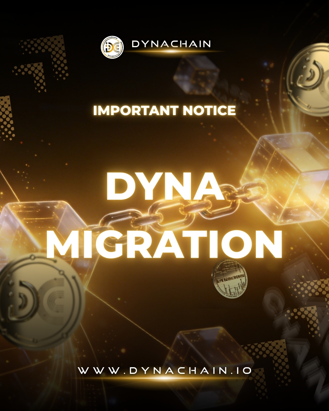 DynaChain DYNA token migration announcement with blockchain chain graphic